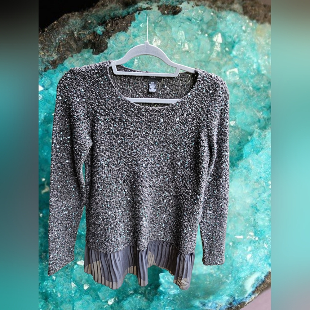 Alfani Petite Gray Sweater with Turquoise Sequins and Pleated Hem